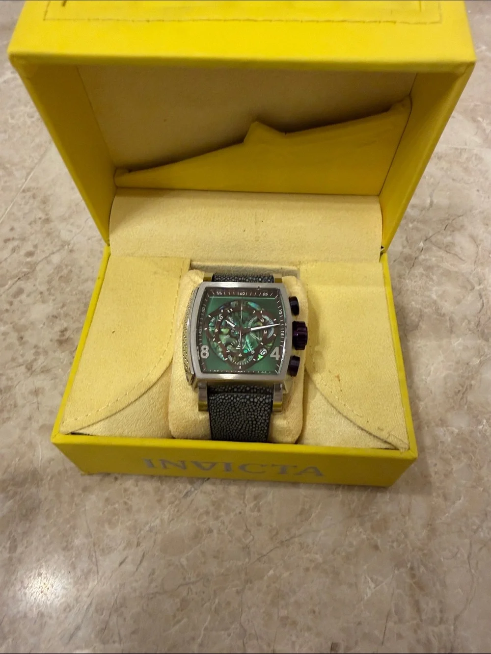 Invicta Men's Green Dial Chronograph Watch with Black Strap and Purple Accents